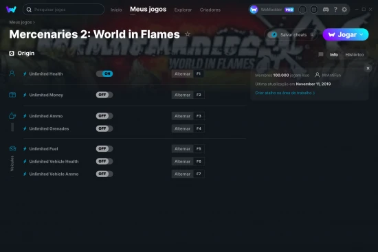 Captura de tela de cheats do Mercenaries 2: World in Flames
