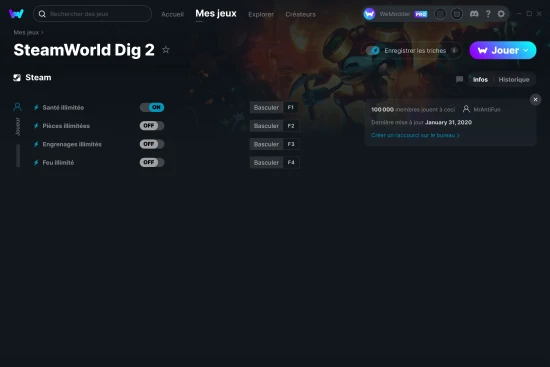 Capture d'écran de triches de SteamWorld Dig 2