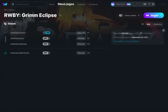 Captura de tela de cheats do RWBY: Grimm Eclipse