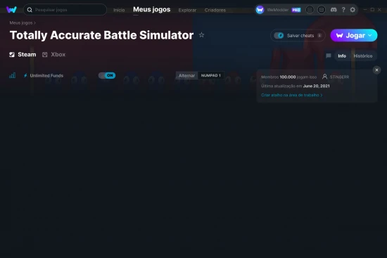 Captura de tela de cheats do Totally Accurate Battle Simulator