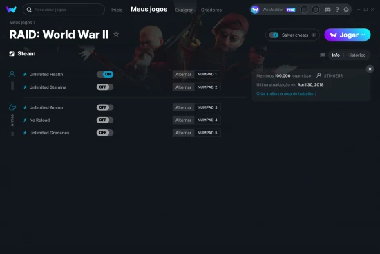 Captura de tela de cheats do RAID: World War II