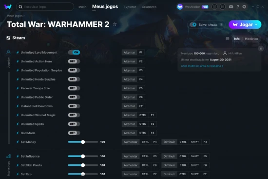 Captura de tela de cheats do Total War: WARHAMMER 2