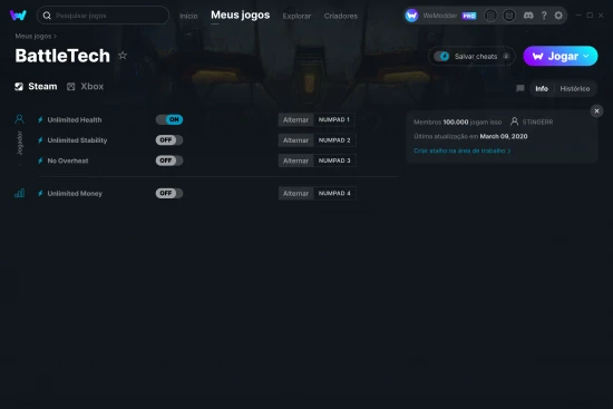 Captura de tela de cheats do BattleTech