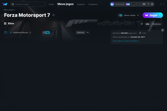 Captura de tela de cheats do Forza Motorsport 7