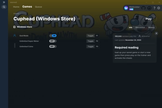 Cuphead (Windows Store) cheats screenshot