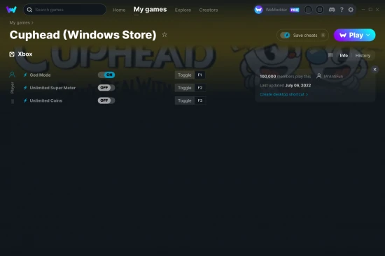 Cuphead (Windows Store) cheats screenshot