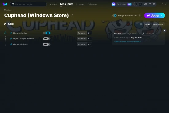 Capture d'écran de triches de Cuphead (Windows Store)