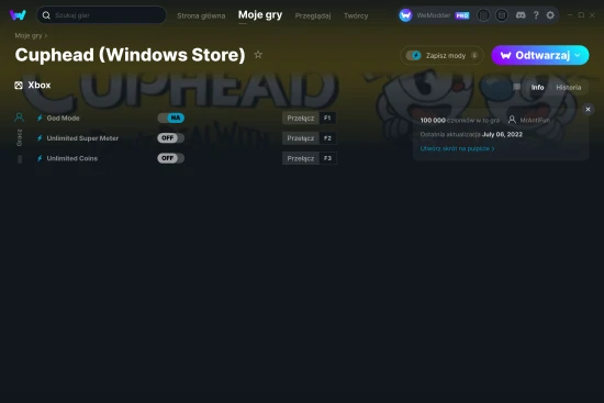 cheaty Cuphead (Windows Store) zrzut ekranu