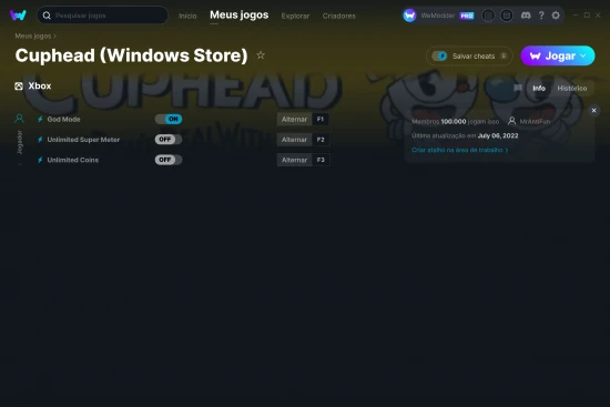 Captura de tela de cheats do Cuphead (Windows Store)