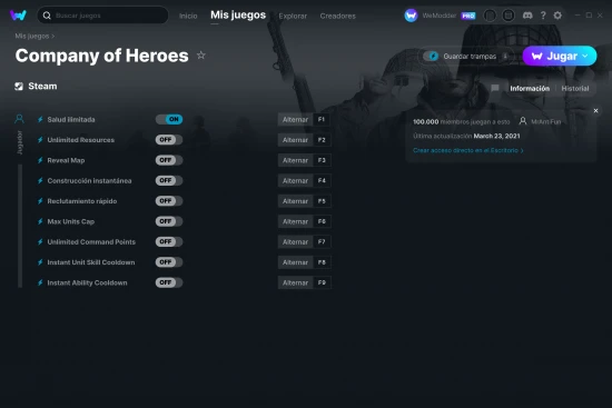 captura de pantalla de las trampas de Company of Heroes