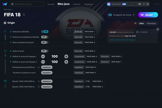 Capture d'écran de triches de FIFA 18