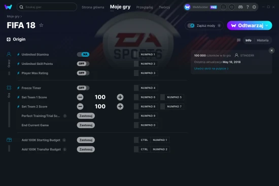 cheaty FIFA 18 zrzut ekranu
