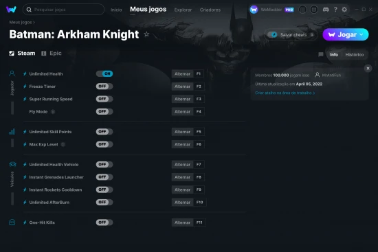 Captura de tela de cheats do Batman: Arkham Knight