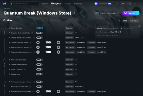 Capture d'écran de triches de Quantum Break (Windows Store)