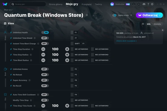cheaty Quantum Break (Windows Store) zrzut ekranu