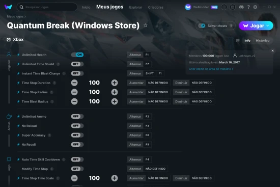 Captura de tela de cheats do Quantum Break (Windows Store)