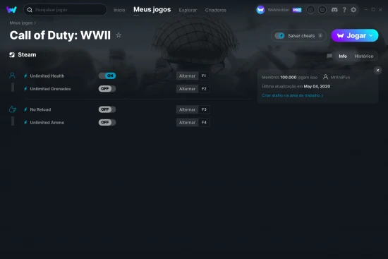 Captura de tela de cheats do Call of Duty: WWII
