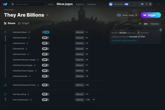 Captura de tela de cheats do They Are Billions