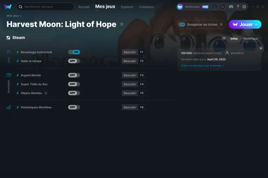 Capture d'écran de triches de Harvest Moon: Light of Hope