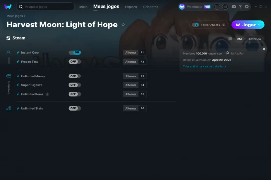 Captura de tela de cheats do Harvest Moon: Light of Hope