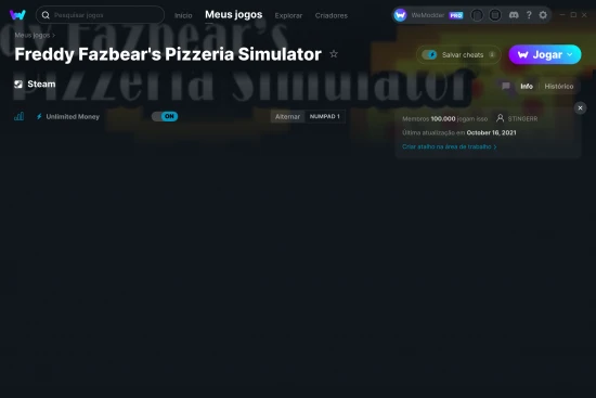Captura de tela de cheats do Freddy Fazbear's Pizzeria Simulator