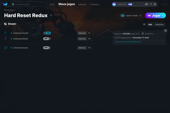 Captura de tela de cheats do Hard Reset Redux