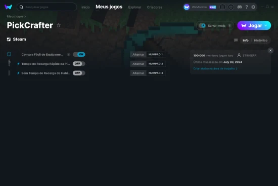 Captura de tela de cheats do PickCrafter