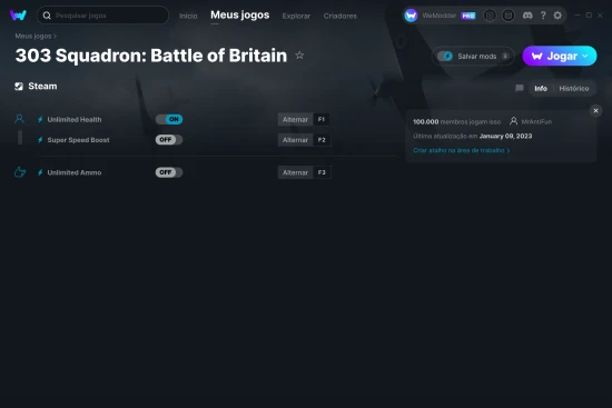 Captura de tela de cheats do 303 Squadron: Battle of Britain