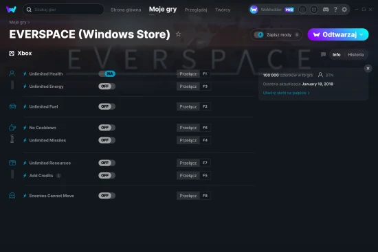 cheaty EVERSPACE (Windows Store) zrzut ekranu