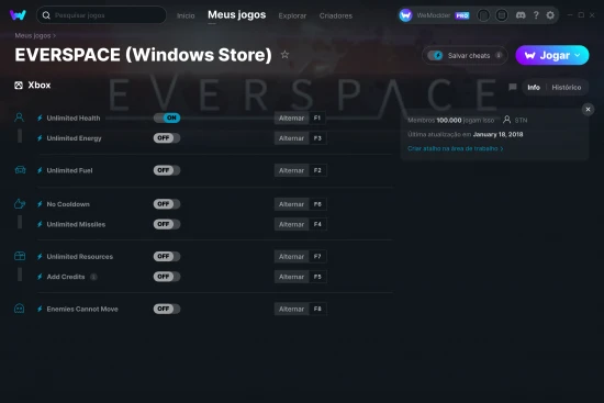 Captura de tela de cheats do EVERSPACE (Windows Store)