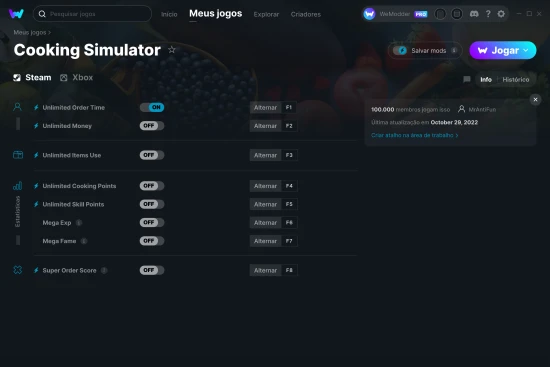 Captura de tela de cheats do Cooking Simulator