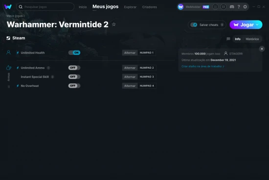 Captura de tela de cheats do Warhammer: Vermintide 2