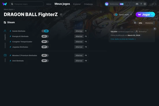 Captura de tela de cheats do DRAGON BALL FighterZ