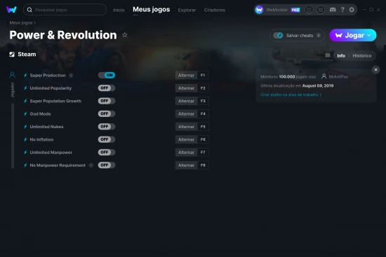 Captura de tela de cheats do Power & Revolution