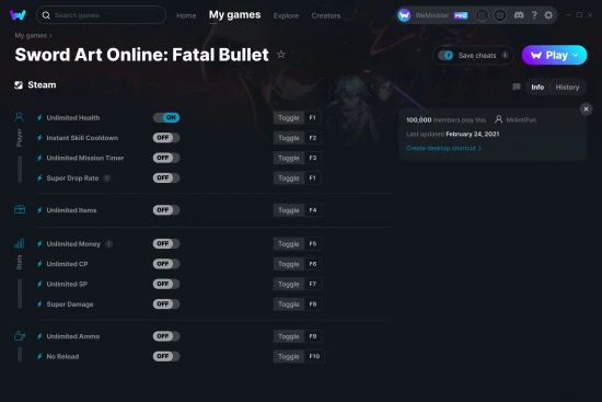 Sword Art Online: Fatal Bullet cheats screenshot