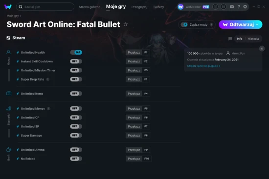cheaty Sword Art Online: Fatal Bullet zrzut ekranu