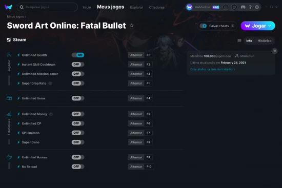 Captura de tela de cheats do Sword Art Online: Fatal Bullet