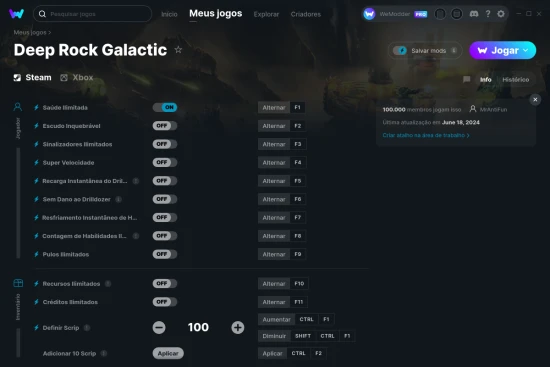 Captura de tela de cheats do Deep Rock Galactic