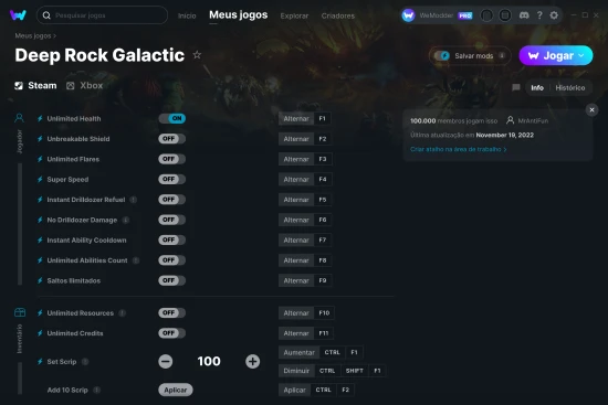 Captura de tela de cheats do Deep Rock Galactic