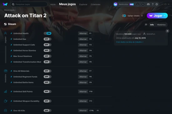 Captura de tela de cheats do Attack on Titan 2