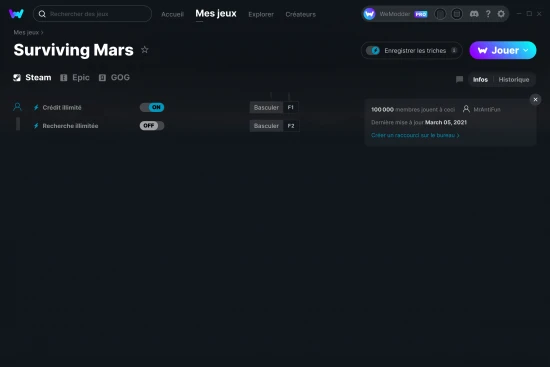 Capture d'écran de triches de Surviving Mars