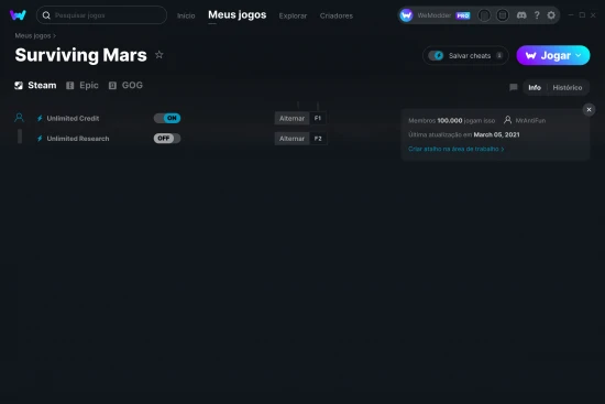 Captura de tela de cheats do Surviving Mars