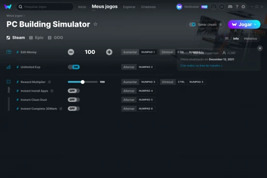 Captura de tela de cheats do PC Building Simulator