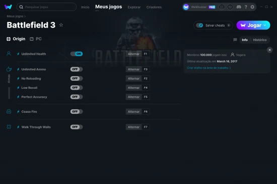 Captura de tela de cheats do Battlefield 3