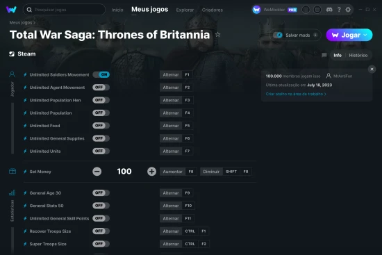Captura de tela de cheats do Total War Saga: Thrones of Britannia
