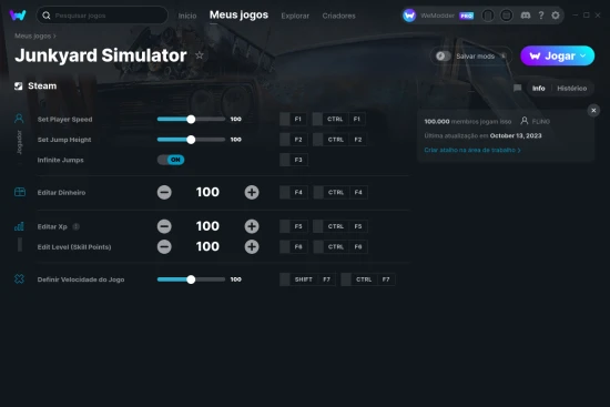 Captura de tela de cheats do Junkyard Simulator