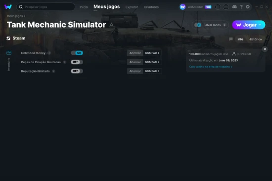 Captura de tela de cheats do Tank Mechanic Simulator