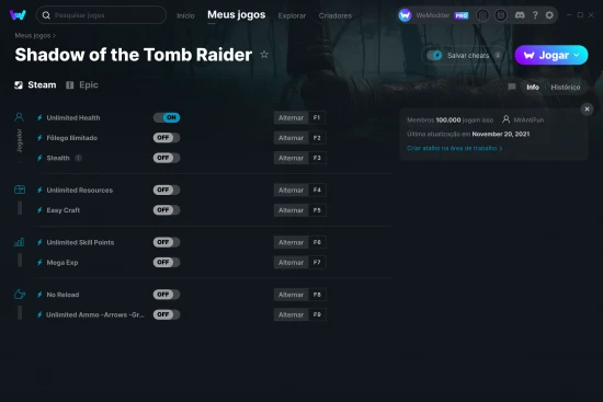 Captura de tela de cheats do Shadow of the Tomb Raider
