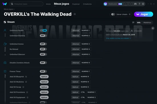 Captura de tela de cheats do OVERKILL's The Walking Dead
