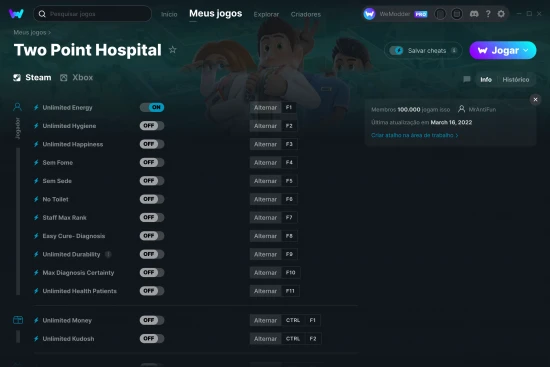 Captura de tela de cheats do Two Point Hospital